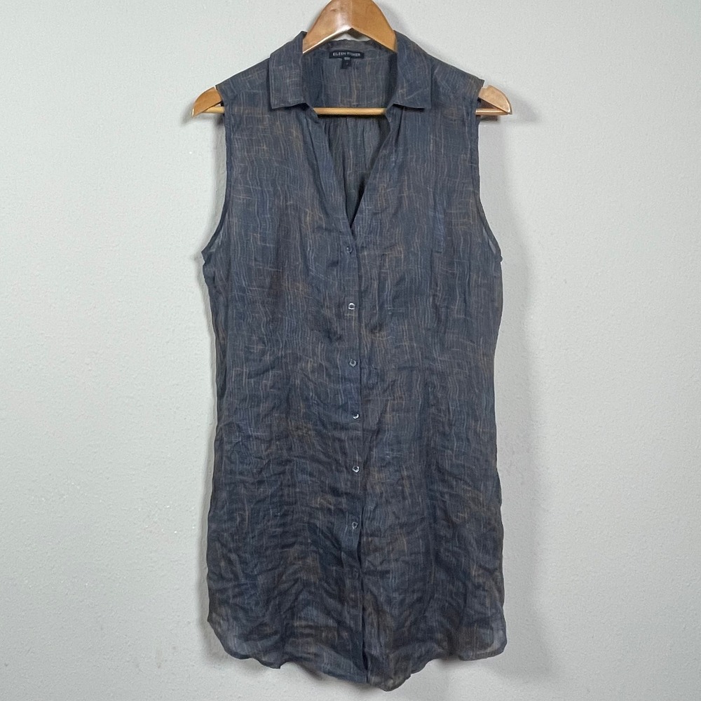 Eileen Fisher Shirt Dress L Blue Coastal Grandmother Sleeveless Grid Lagenlook